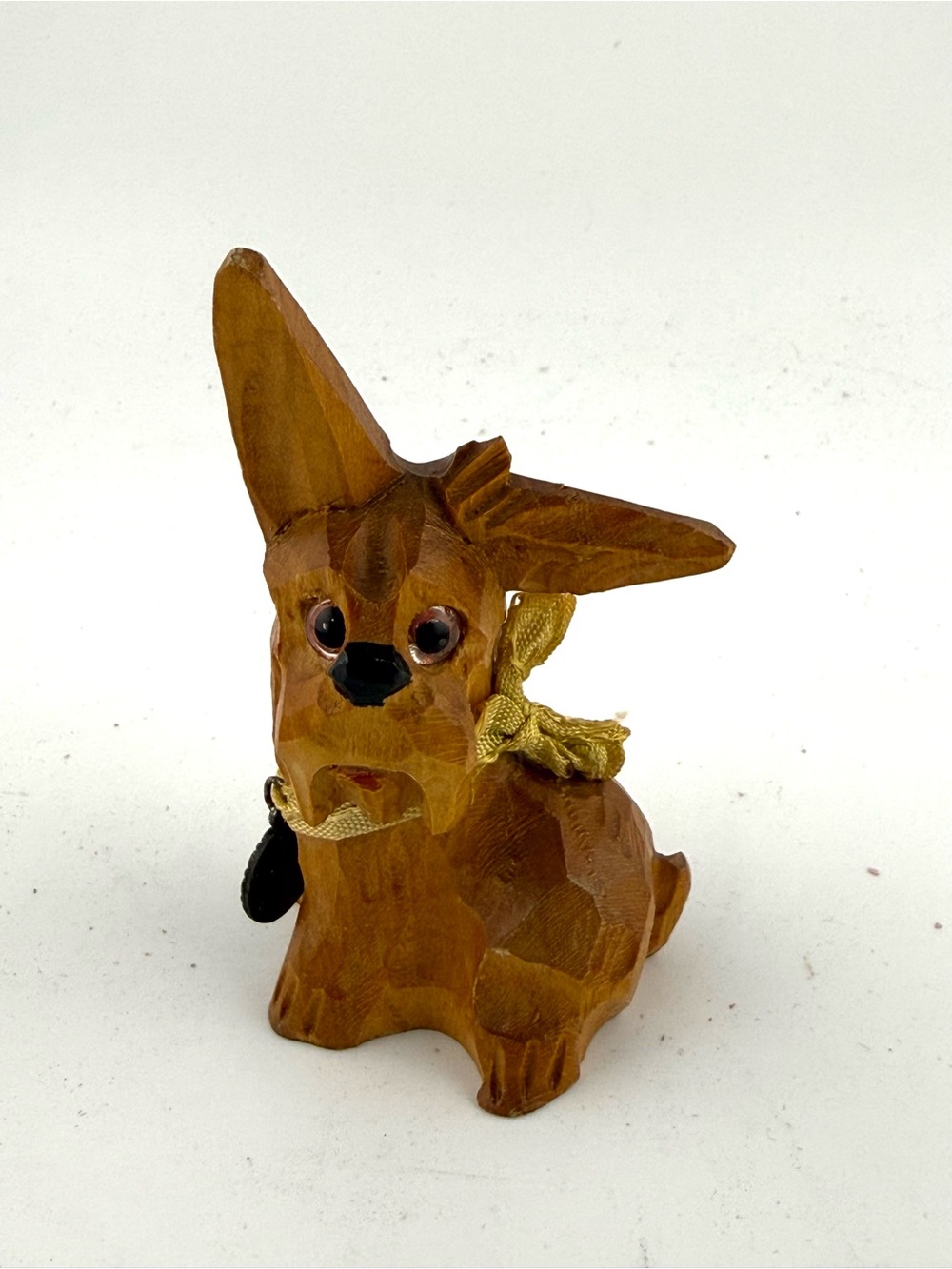 Vintage Hand Carved Wooden Scottie Terrier Dog Figurine Glass Eyes Folk Art